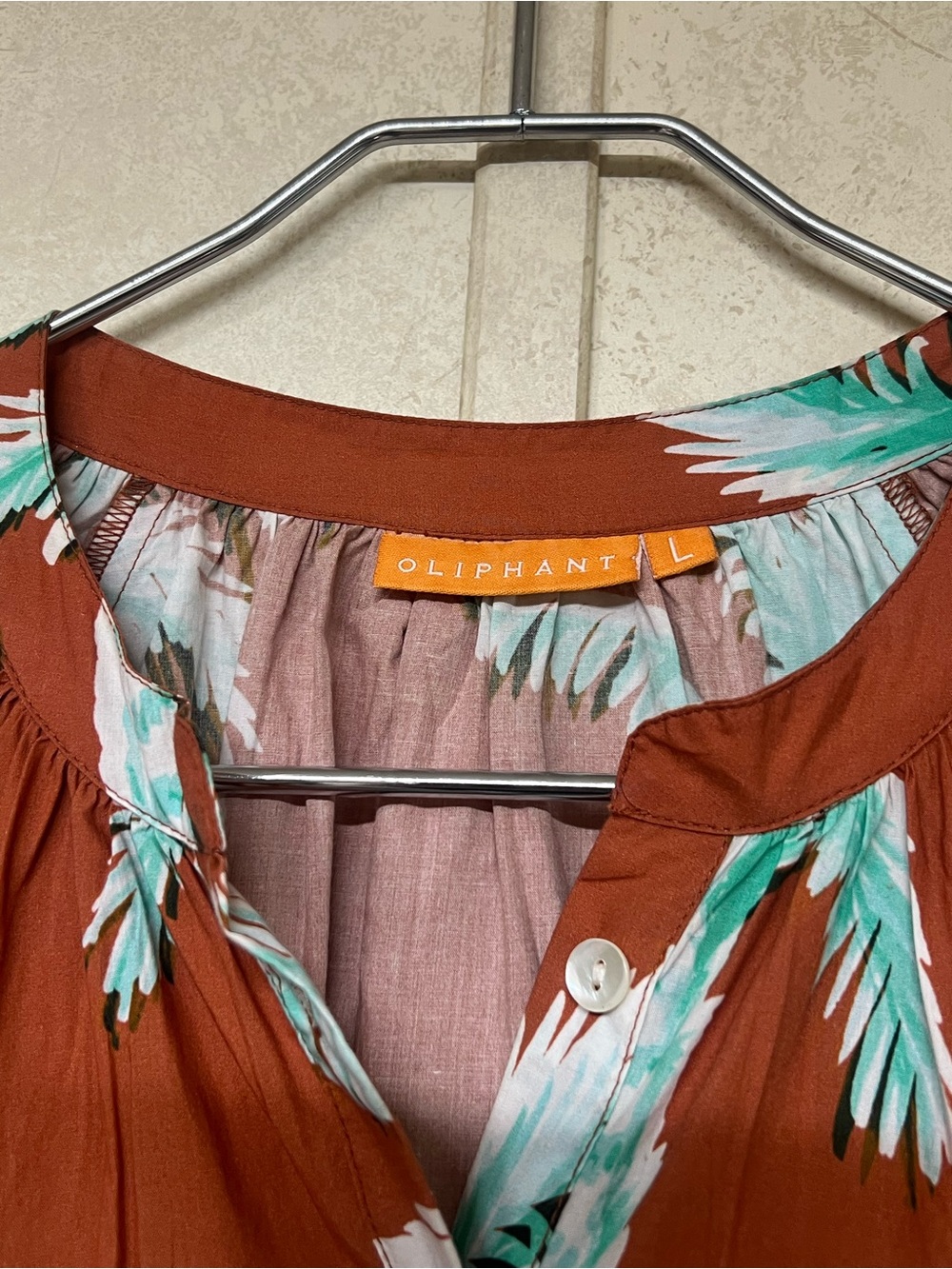 Oliphant pocket mini dress puff sleeves in  Cartagena brown palm trees - Picture 11 of 13